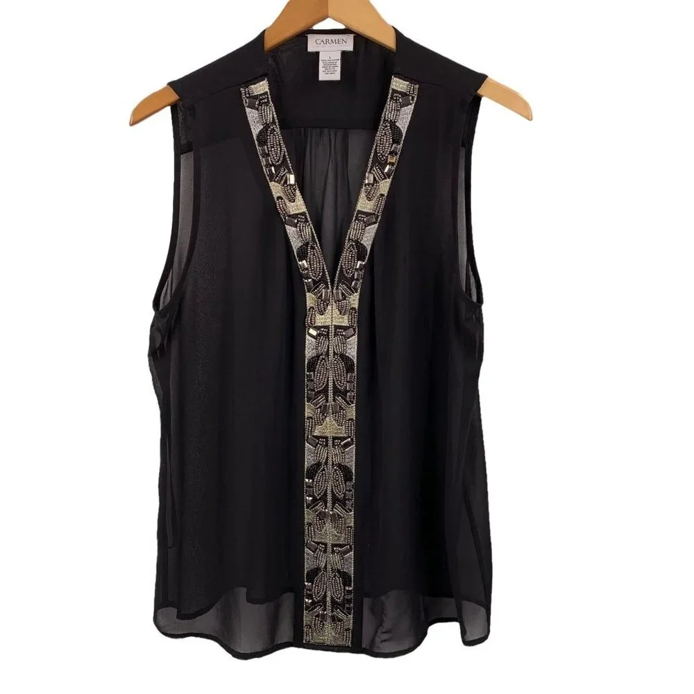 Carmen Marc Valvo Black Beaded Chiffon Sleeveless V-Neck Top Size Large - Picture 2 of 5